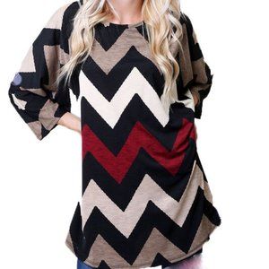 Auditions Plus Size Black Wine Tan Chevron Print Tunic Top
